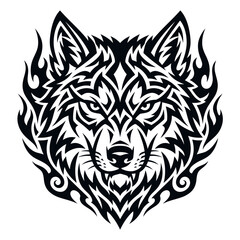 Fototapeta premium Aggressive Tribal Wolf Head Graphic Illustration with Stylized Flaming Elements