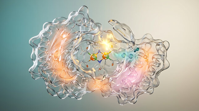 Premium Auroral Transparent Bacterial Urease Cutaway Biochemistry Visualization with Nickel-Dependent Urea Hydrolysis and Ammonia Production