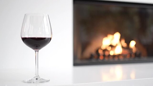 Glass of red wine in front of a cozy fireplace with warm flames