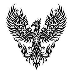 Fototapeta premium Majestic Tribal Phoenix Illustration with Spread Wings in Black and White Graphic Tattoo Style
