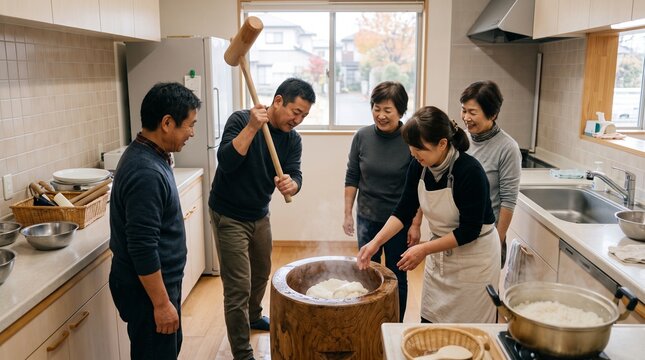Mochitsuki ceremony scene, Group mochi making, Wooden usu and kine, Festive rice cake tradition, Warm documentary lifestyle