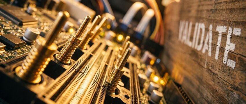 Circuit board hardware validation test with gold electronic components on rustic wood texture background, showing quality assurance, system verification, and technology security concept.