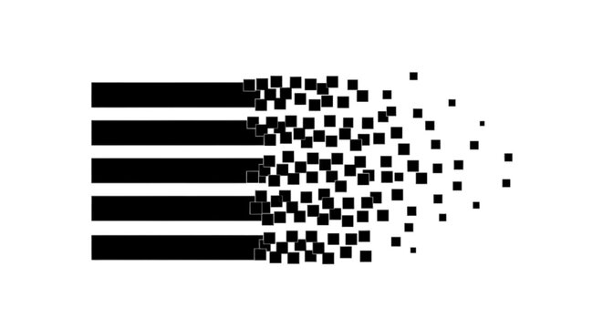 Vector illustration of abstract design with five horizontal black bars disintegrating into small squares on a transparent background