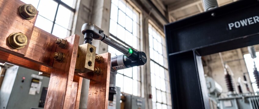 Smart torque tool tightening copper busbars on electrical equipment in a power plant substation, demonstrating precision assembly, industrial manufacturing, and grid infrastructure maintenance.