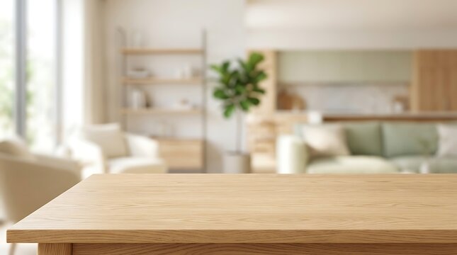 Empty Wooden Table Top Foreground with Blurred Modern Bright Living Room Interior Background for Product Placement