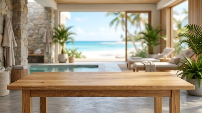 Empty wooden table top with blurred luxury tropical beach resort spa background for product showcase and advertising.