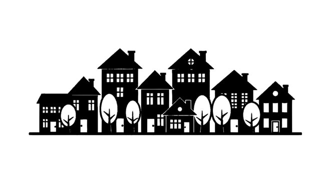 Vector illustration of black silhouette of a small town street with houses and trees on a transparent background