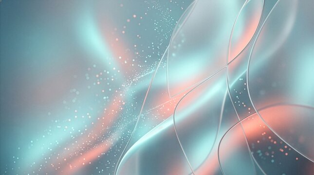 Abstract minimalist business background with overlapping frosted glass and soft glowing light particles, cyan and coral, copy space