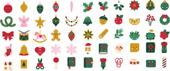 Vintage Christmas icons set, 50 flat holiday vector elements, traditional red and green winter ornaments for festive greeting cards and seasonal branding © Kirationz 