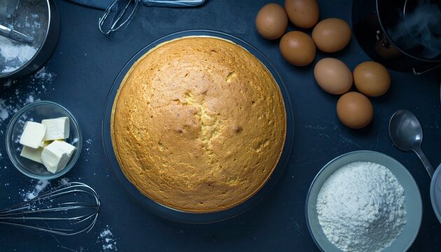 freshly baked round cake with baking ingredients on dark surface