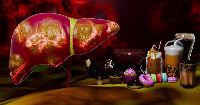 Liver pathology progression showing transition from normal liver to fatty liver fibrosis cirrhosis and cancer illustrating disease stages structural deterioration and metabolic dysfunction. 3D illustr