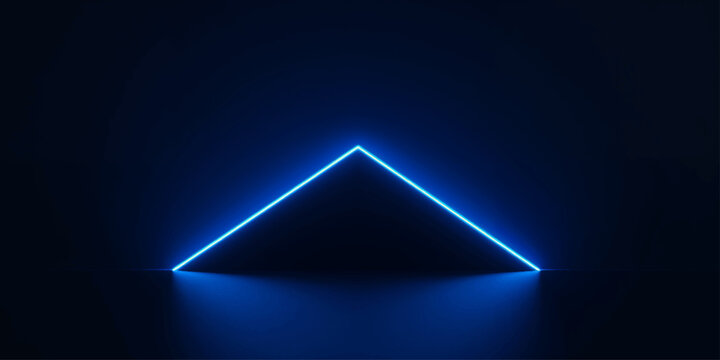 Electric blue neon triangle podium for product presentation on dark studio background
