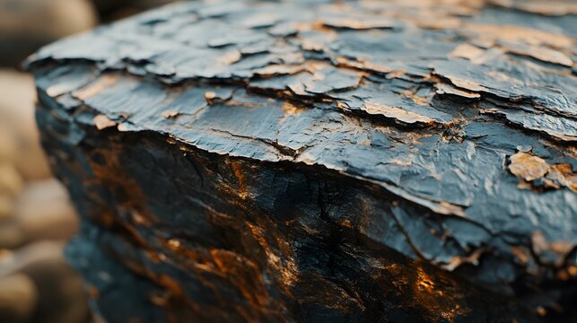 Natural weathered dark shale stone surface featuring layers of sedimentary rock formations discovered along a rugged beach landscape showing rough textures and golden reflections from morning