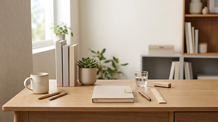 Fototapeta premium A wooden desk surface featuring a stack of books, a ceramic mug, a small succulent, a notebook, pens, a ruler, and a glass of water in a bright home office