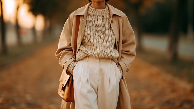 woman in stylish coat with bag, peaceful walk through leafy park