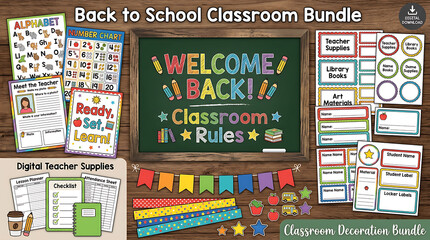 Naklejka premium Back to school classroom bundle featuring welcome back chalkboard signs, teacher supplies, lesson planners, checklists, and classroom decor