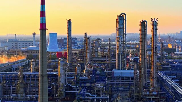 Industrial petrochemical refinery plant with distillation columns and smoke stack at sunset.