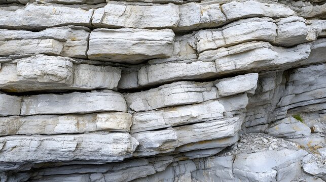 Natural weathered sedimentary rock layers forming a massive limestone cliff face displaying geological history with rugged horizontal strata patterns exposed in a canyon wall during a sunny day