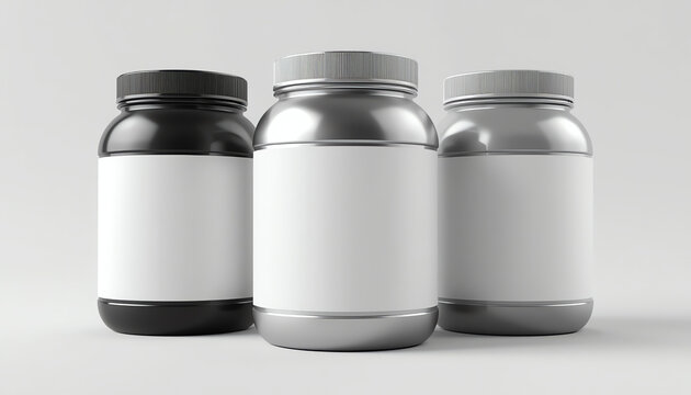 Can of protein or gainer powder with blank label isolated on white background. 3d rendering