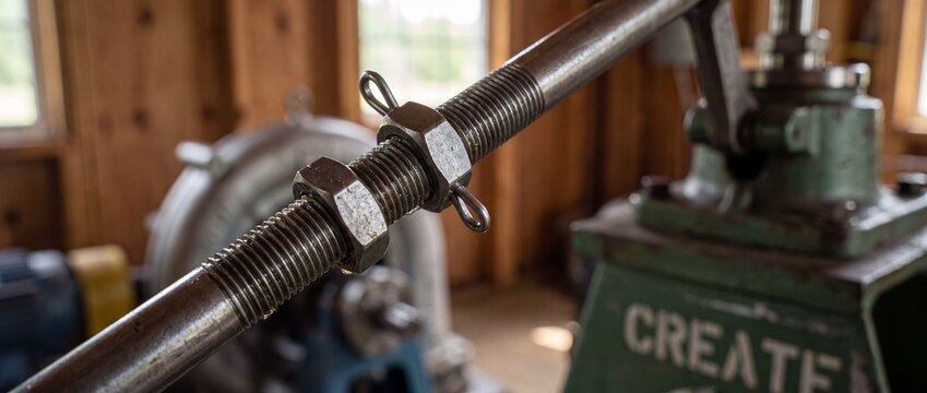 Industrial threaded rod steel nut adjusting mechanical machinery in workshop, close up of metal bolt with cotter pin for engineering, manufacturing, construction and heavy hardware equipment.