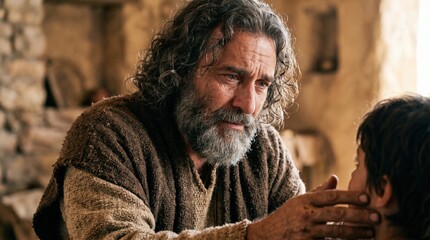 Obraz premium Prophet Elijah with the widow son. Emotional bearded man touching a young boy face in a rustic stone room