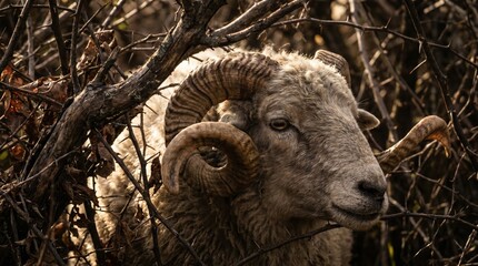 Fototapeta premium Ram caught in a thicket of thorns. Biblical sacrifice of Abraham concept with horned sheep in dense branches