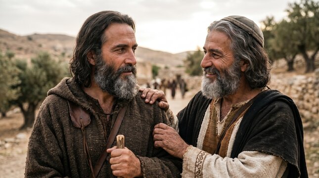 Paul and Barnabas on their missionary journey. Biblical companions traveling and preaching in ancient landscape