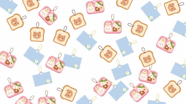 Cute bear bread keychains with blue name tags pattern on white background, perfect for kawaii design projects. Perfect for stationery and accessory designs.