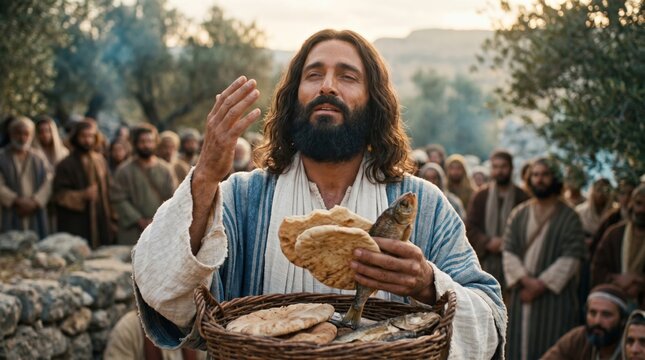 Jesus Christ blessing bread and fish to feed the five thousand. Biblical miracle of loaves and fishes with crowd in background