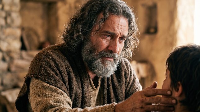 Prophet Elijah with the widow son. Emotional bearded man touching a young boy face in a rustic stone room