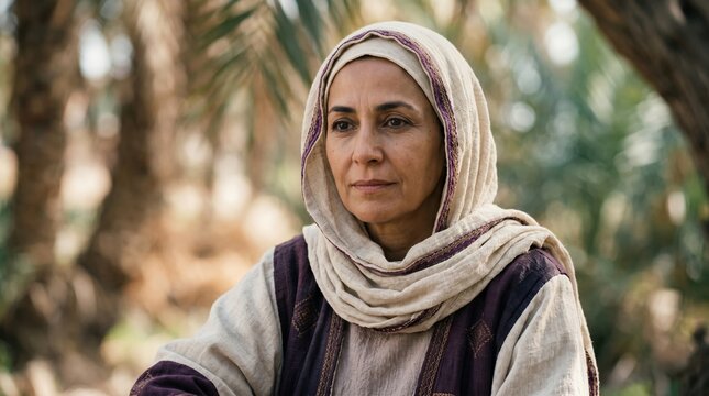 Deborah the prophetess in a palm grove. Biblical portrait of a female leader from the Old Testament. Holy bible scene