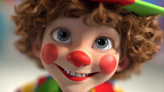 Digital of a cheerful animated clown face with colorful makeup and big eyes.