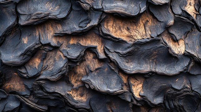 Natural weathered pine tree bark layered with dark charcoal grey scales displays organic rough texture patterns that cover the surface of forest wood specimens showing resilience to wild