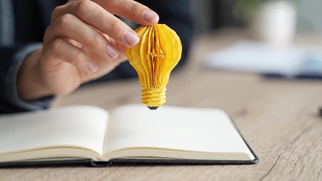 Hand holding a yellow origami light bulb over an open notebook symbolizing a new idea