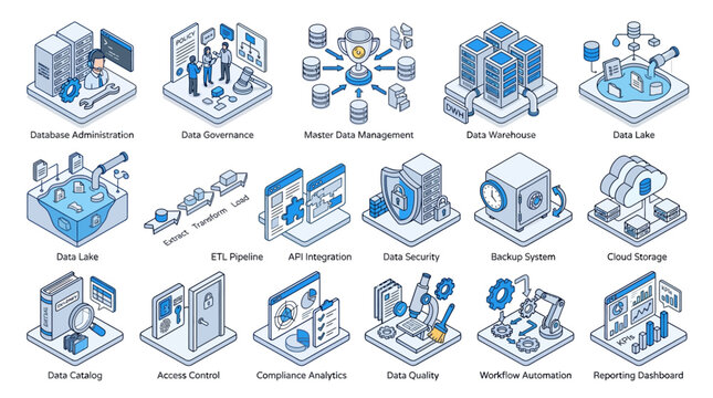 Isometric data management icons set including database administration governance security cloud storage etl pipeline and analytics for business technology with storage infrastructure concepts digital
