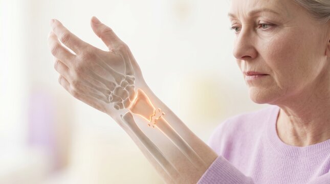 Senior woman with 3D illustration of broken wrist bone. Medical concept of forearm fracture and orthopedic injury in elderly patient