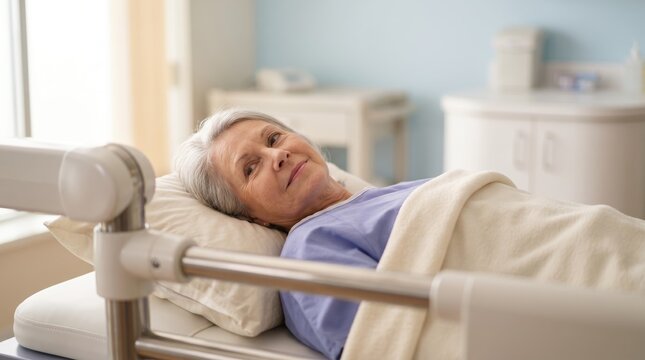 Senior woman undergoing bone density scan in clinic. Smiling older female patient lying on medical bed during DEXA examination. Healthcare and prevention
