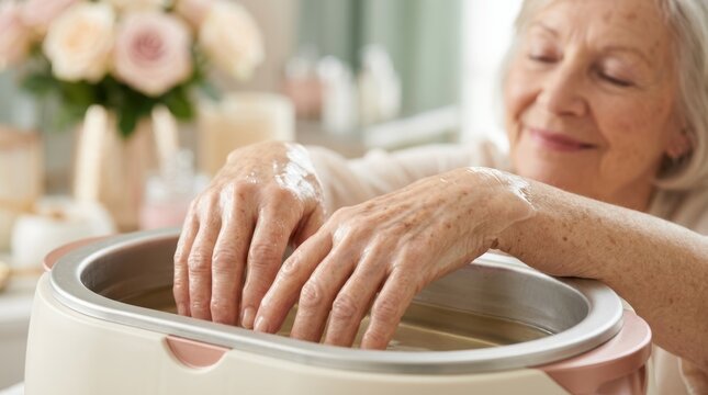 Senior woman receiving paraffin wax hand therapy. Elderly female relaxing with warm wax treatment for arthritis relief