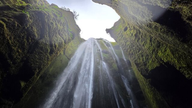 Glj&uacute;frab&uacute;i Waterfall Hidden Canyon and Mossy Cliffs in Iceland