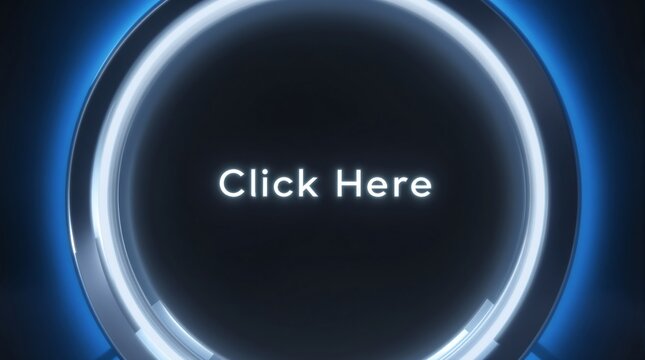 Glowing blue button with Click Here text on dark background