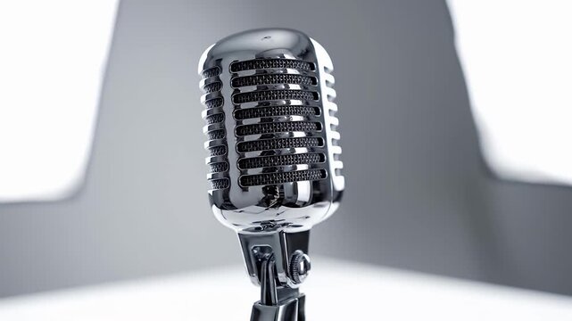 Classic vintage silver microphone close-up on stand