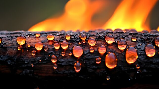 Moisture covered timber branch rests near flickering campfire flames as water droplets reflect glowing orange heat during a chilly evening forest gathering event requiring warmth and natural