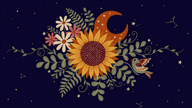 Boho sunflower bouquet with crescent moon and small bird isolated on a transparent background