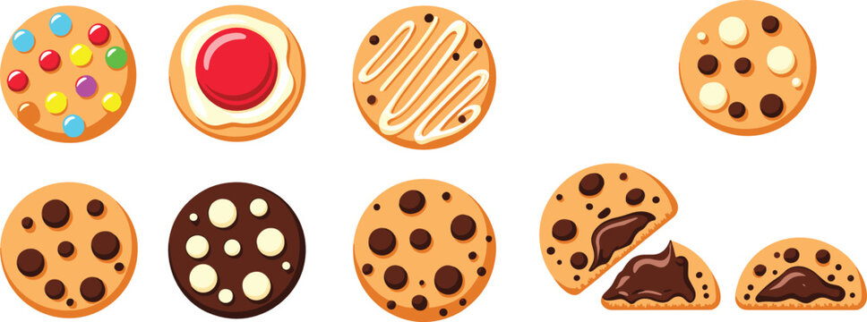 Cookie collection featuring chocolate chip varieties colorful candy toppings jam fillings cream frosting and broken halves with melting fudge for bakery branding.