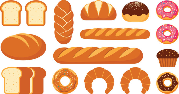 Bakery products vector illustration set featuring bread loaves baguettes croissants donuts and muffins for bakeshop menus pastry branding and culinary design elements.