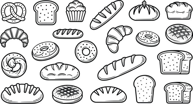 Bakery linear icons featuring hand drawn bread loaves croissants pretzels and donuts for bakeshop coloring books minimalist menus and line art branding designs.
