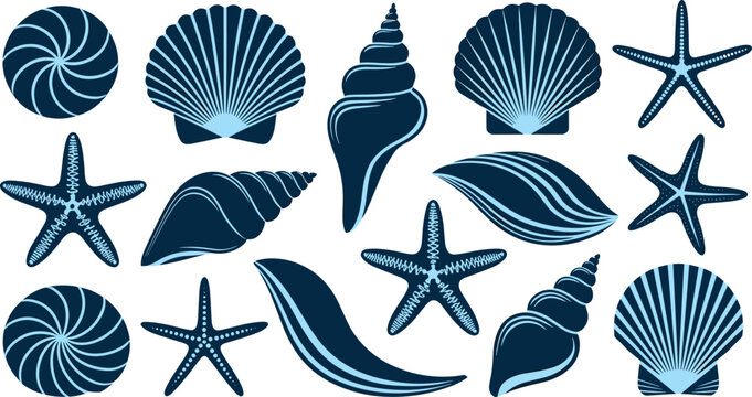 Sea shells and starfish collection featuring dark blue ocean silhouettes of scallops conch and marine elements for summer beach branding nautical patterns and coastal decor vector graphic design