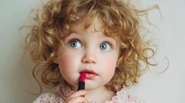 Curly-haired child holds lipstick near lips. Bright eyes gaze upward with curiosity. Soft pink garment frames the child's face. Light background emphasizes the moment