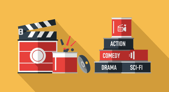 Cinema Flat Design Illustration with Film Cans and Clapperboard