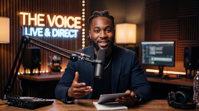 A confident Black man hosts a professional podcast or live stream from a modern studio, speaking into a microphone with warm, cinematic lighting and a vibrant neon sign in the background.